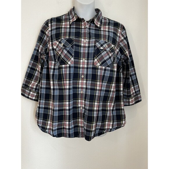 Chaps Ralph Lauren 100% Cotton  Size 2X Red Plaid Blouse Button Down Blue EUC - Picture 1 of 6